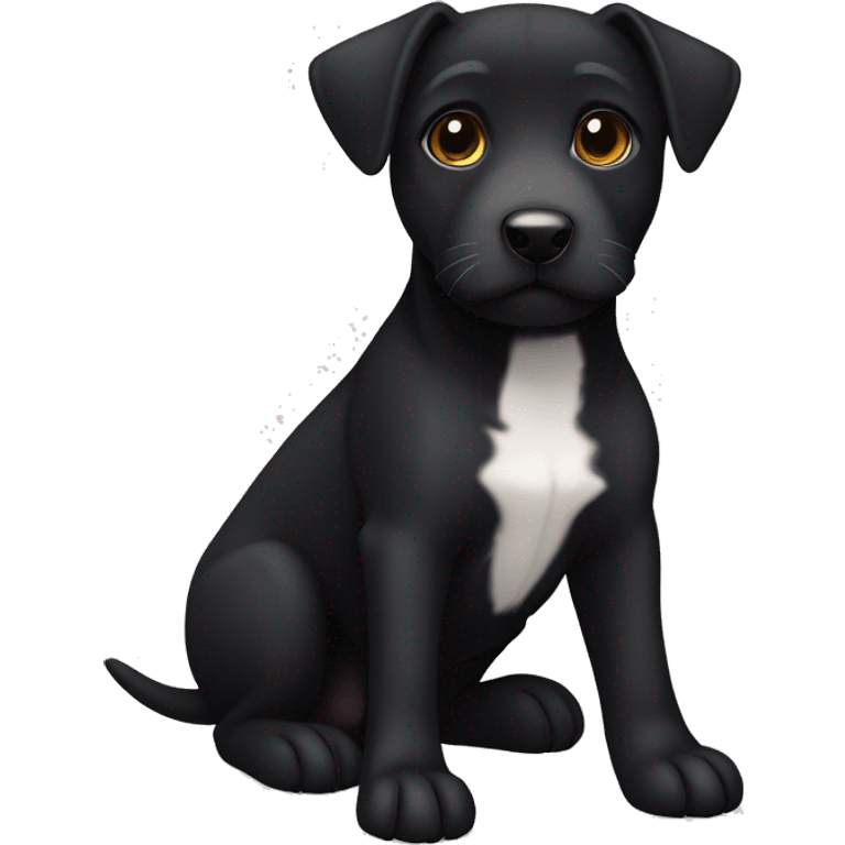 A sitting black Patterdale Terrier dog with a white patch on its chest and brown eyes. emoji