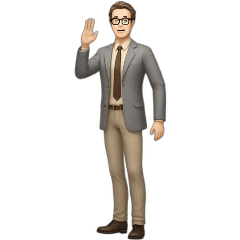 Full height Gesticulating Pale skinned fit man with dark brown hair in gray jacket, beige office shirt, brown tie, brown pants and vintage glasses. emoji