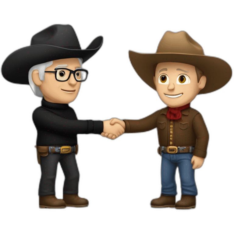 Tim Cook in black turtle neck shaking hands with a caucasian cowboy emoji