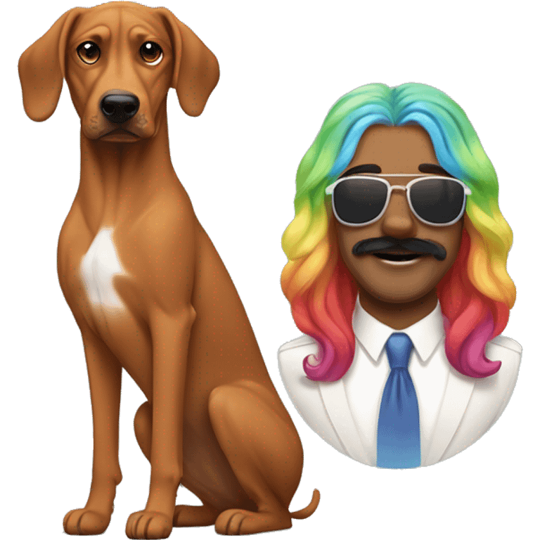 white male with long rainbow colored hair and curled mustache standing alongside a brown rhodesian ridgeback dog emoji