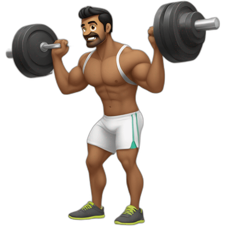 indian guy performing heavy barbell squats with weights emoji