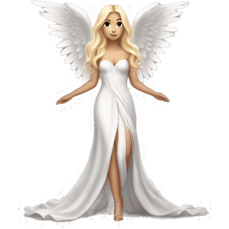 A full length gorgeous girl in a￼ flowing white gown straight blonde hair and gorgeous angel wings  emoji