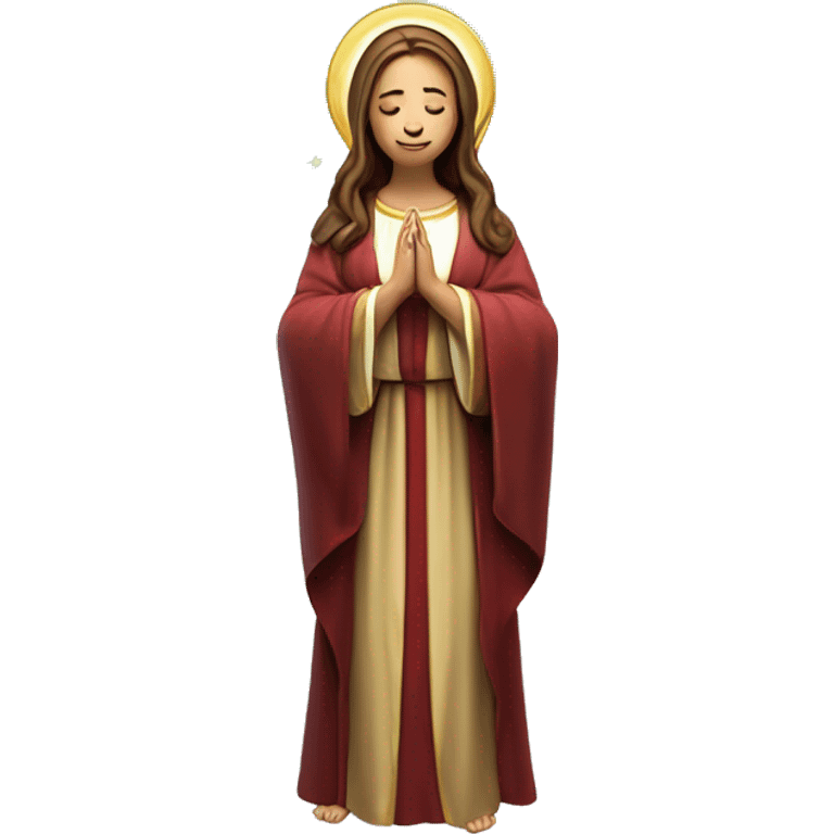 Virgin Mary: kind face looking down at the left, long brown hair, Wearing an emerald green  robe with gold stars and a burgundy red dress,  Hands in prayer or blessing. Halo around her head. standing on a crescent moon.  emoji