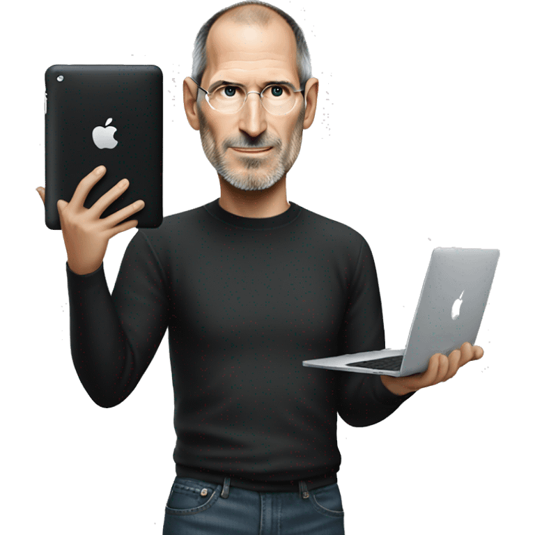 Steve Jobs holding an iPhone and a Macbook happy emoji