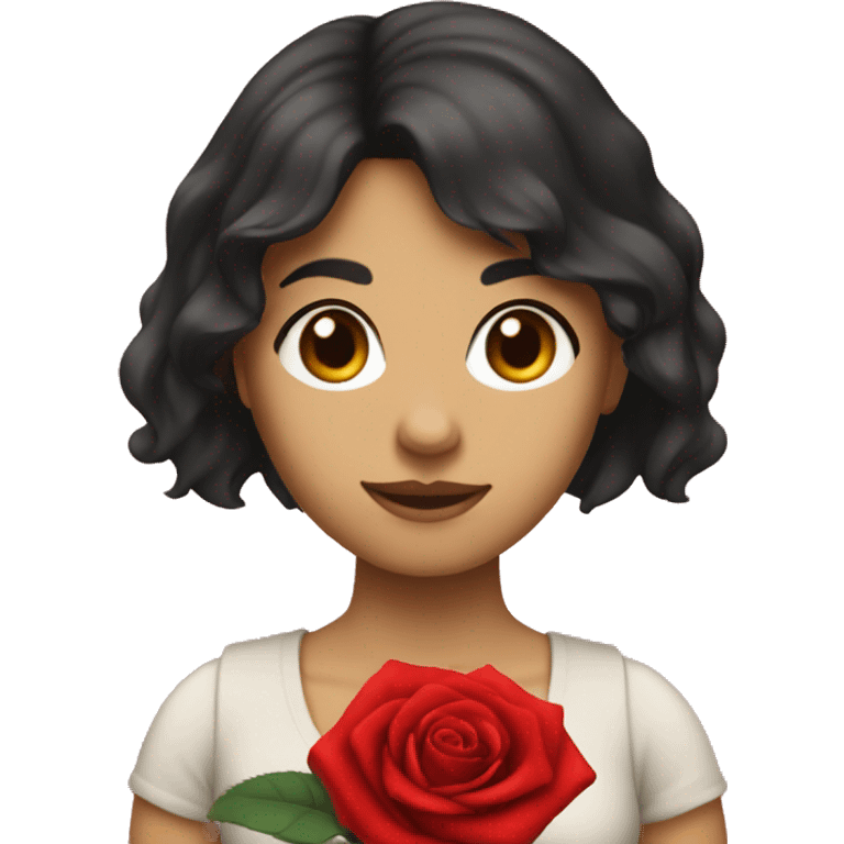 A women named rose, with dark hair bangs and holding a red red rose in one hand emoji