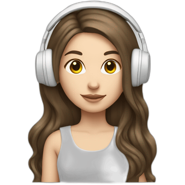 brunette white girl with long hair listening to music with her phone in her hand with white wired headphones  emoji