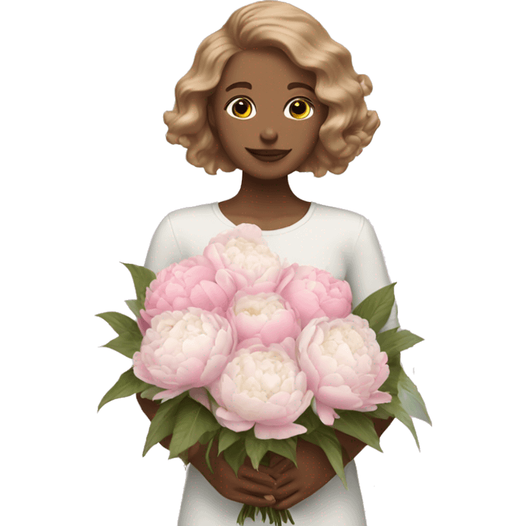 White brize with light brown hair with white and Pink peonies bouquet  emoji