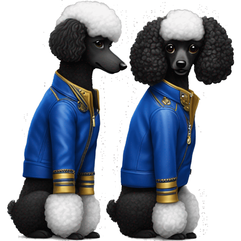 Royal blue and gold leather jackets on Black poodle and white poodle best friends emoji