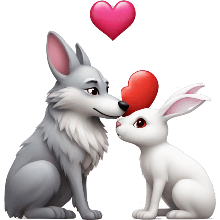 Old Wolf kisses a white Bunny who has pink ears, with big red heart between them. Heads only, with no body  emoji