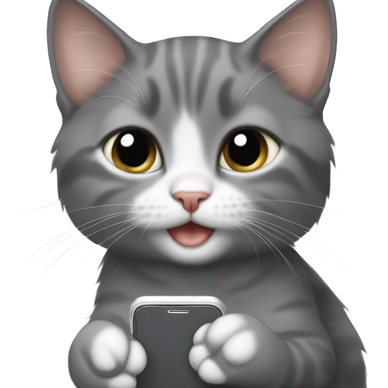 Gray tuxedo kitten using an iPhone emoji