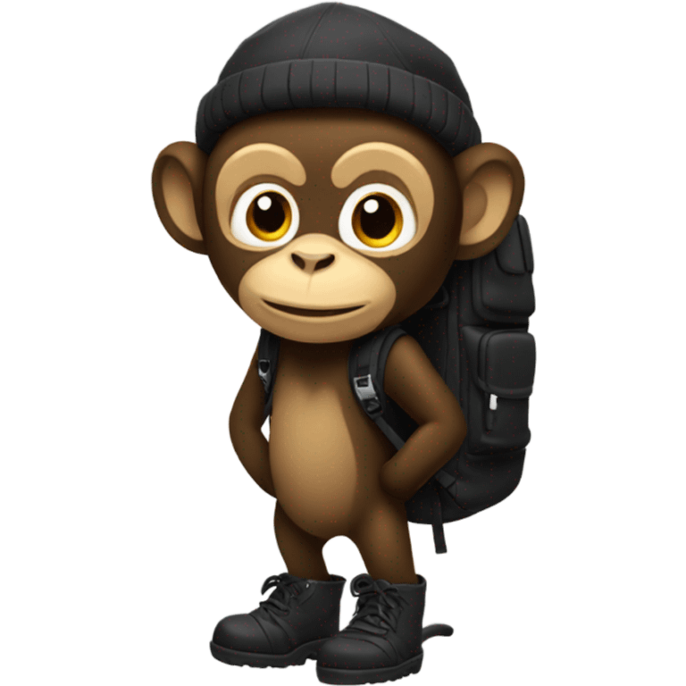 Monkey wearing black winter boots and a black backpack emoji