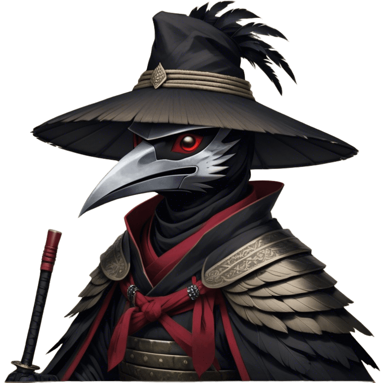 A fierce Kenku samurai with sleek black feathers, piercing crimson eyes glowing under the shadow of his straw hat. His sharp beak is partially covered by a black cloth mask, adding to his air of mystery. He wears layered black and crimson armor, intricate silver engravings etched into the metal plates. A long, tattered cloak billows behind him, worn from countless battles. His clawed hands grip the hilt of a curved katana, its polished blade reflecting the moonlight. Wisps of mist swirl around his taloned feet as he stands motionless emoji