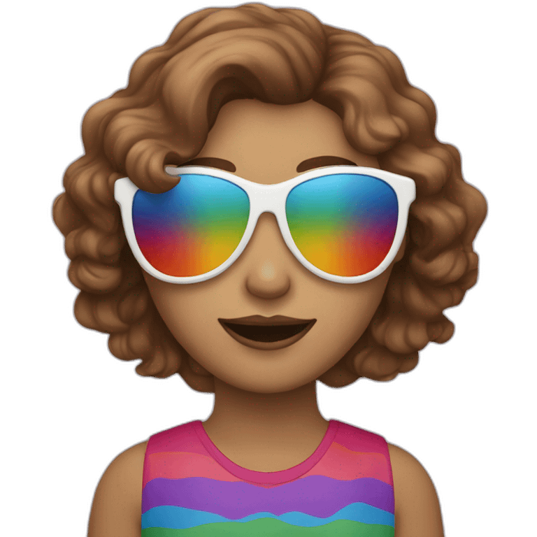 female with brown wavy hair rainbow flag and sunglasses  emoji