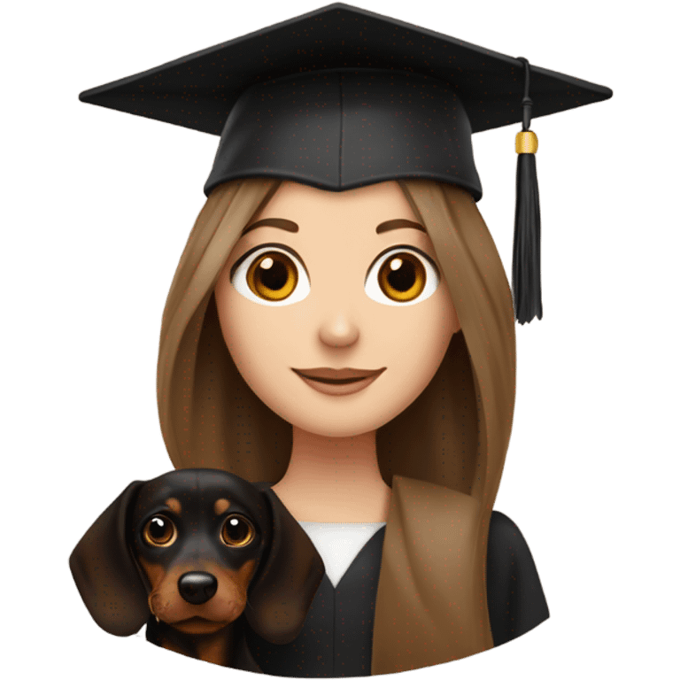 Brown haired white girl in graduation cap holding black long haired dachshund  emoji