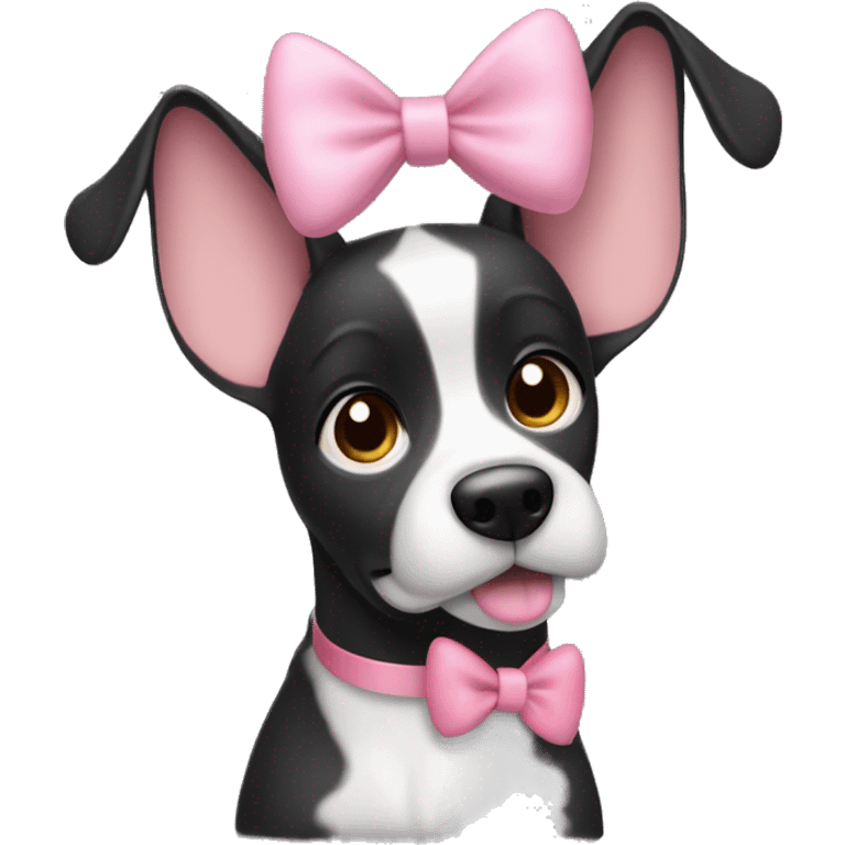 Hi please generate a black dog with big ears that are up and white around her nose and white eyebrows brown eyes and a cute pink bow emoji