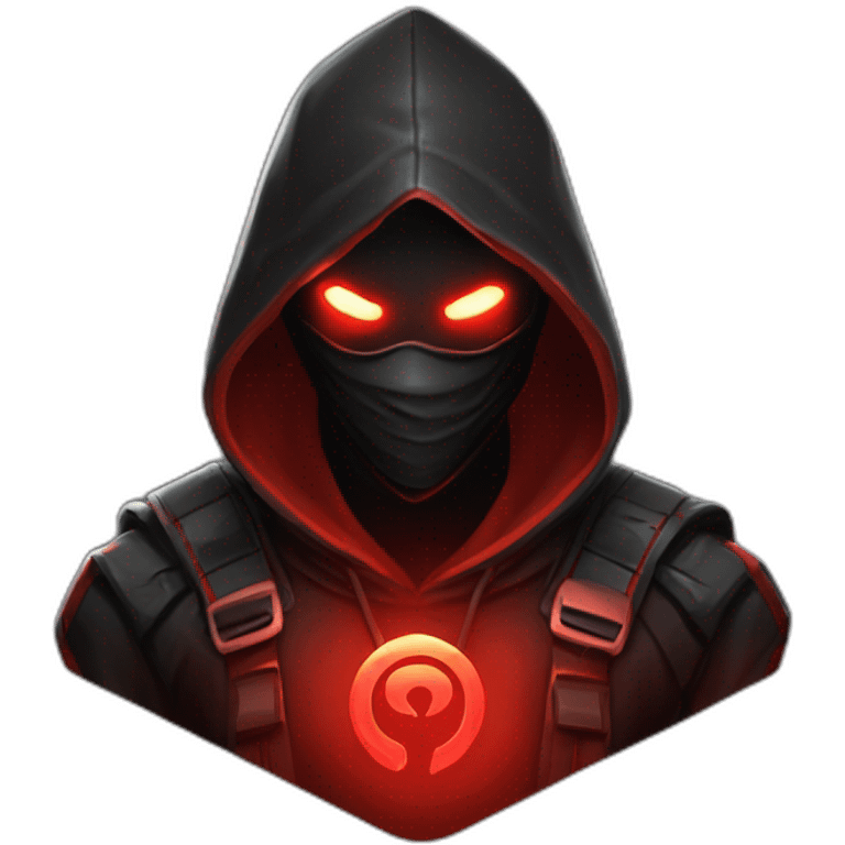 developer behind his laptop with this style : Riot Games Valorant black red glowing bright red character red black hooded assassin themed character emoji