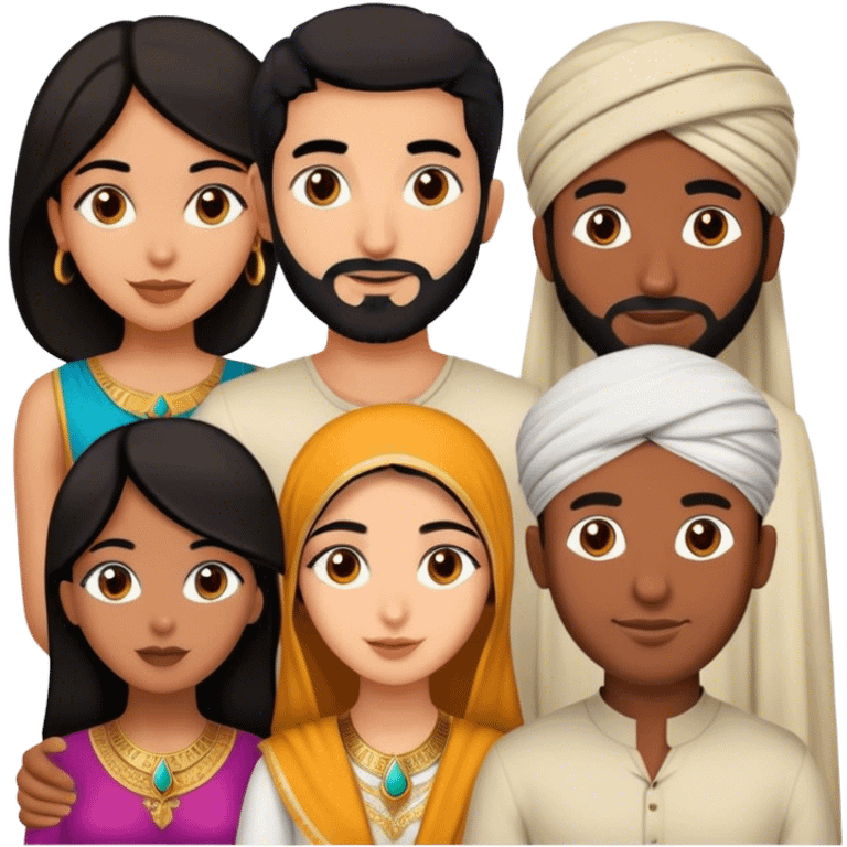 one Persian girl, one Indian girl, one Moroccan man, one black man, one Egyptian man emoji