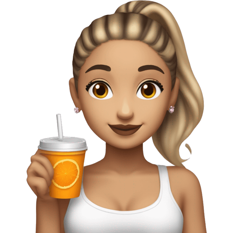 Ariana Grande holding a cup of orange juice and a chocolate chip cookie in the other hand ￼ emoji