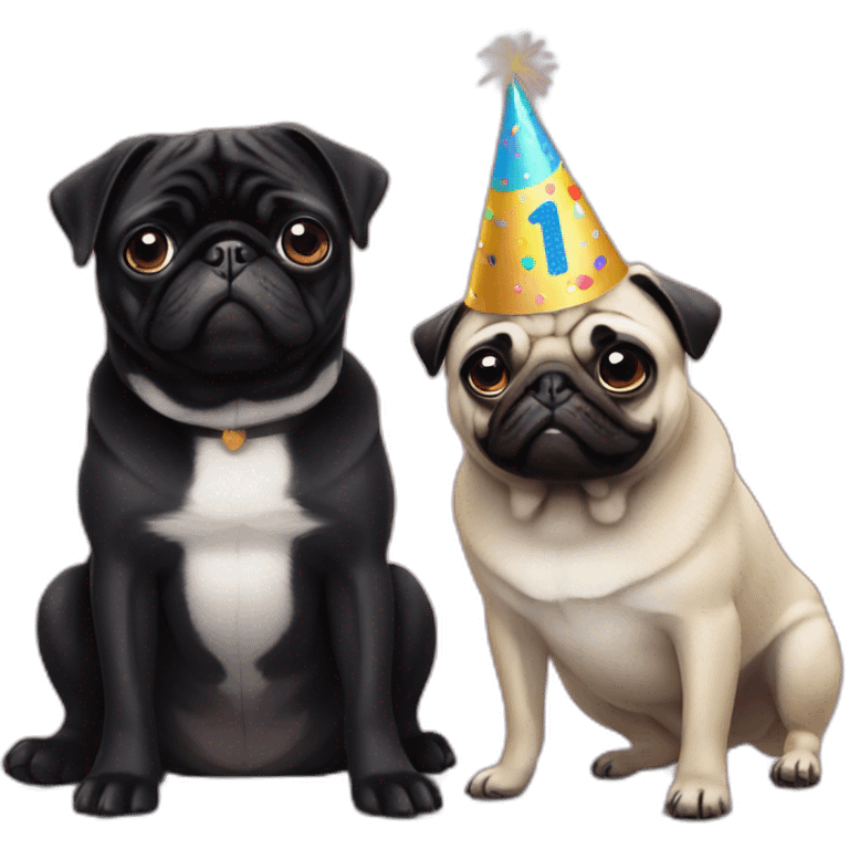 pug and black pug wearing birthday hat emoji