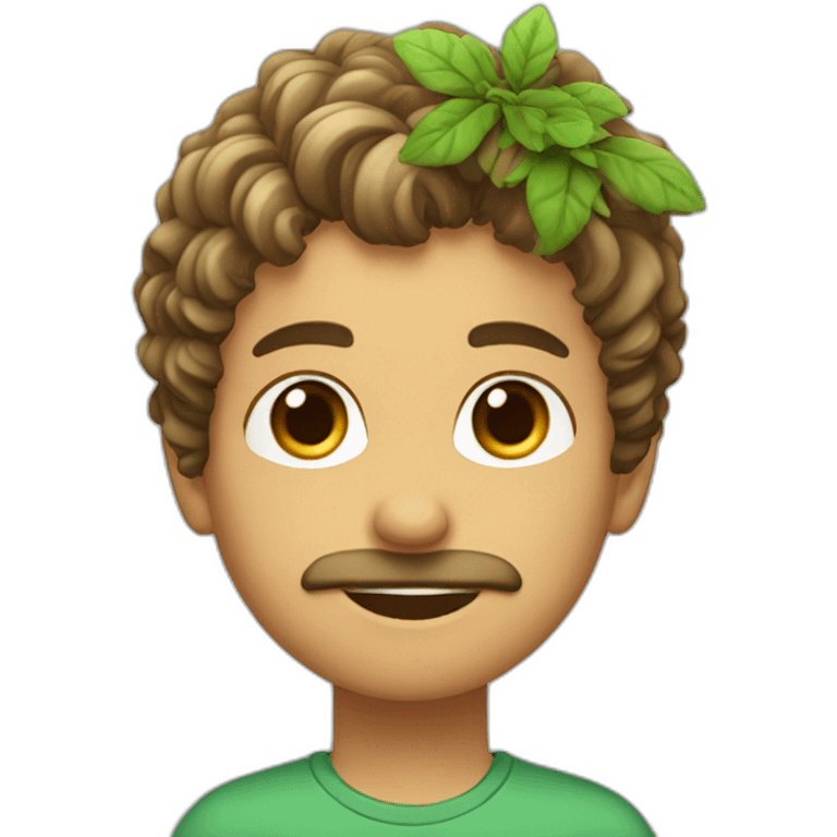 boy with wavy hair and a stubble with a plant emoji