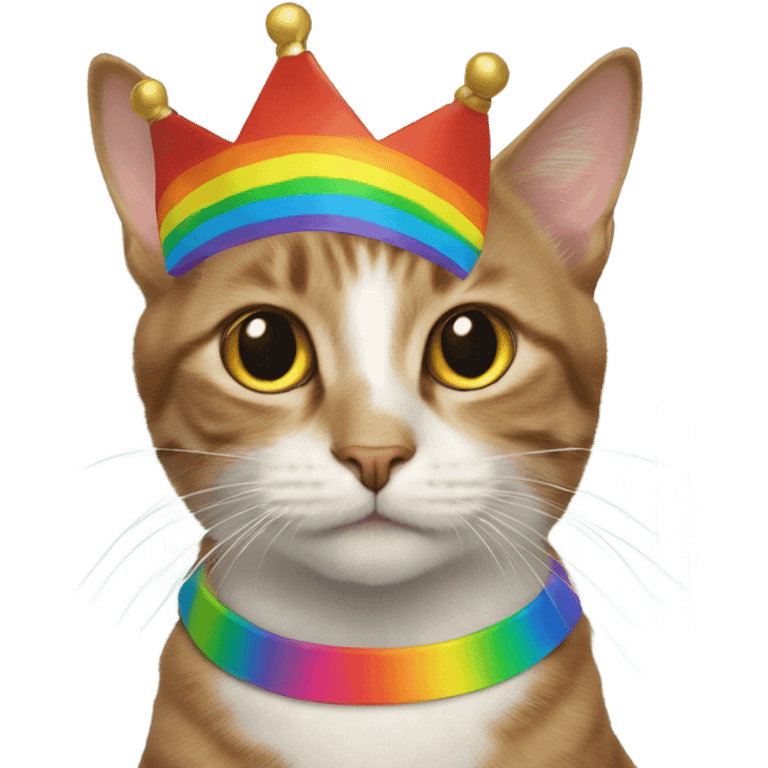 Cat with a rainbow crown and a rainbow collar with the name “Frodo” on it emoji