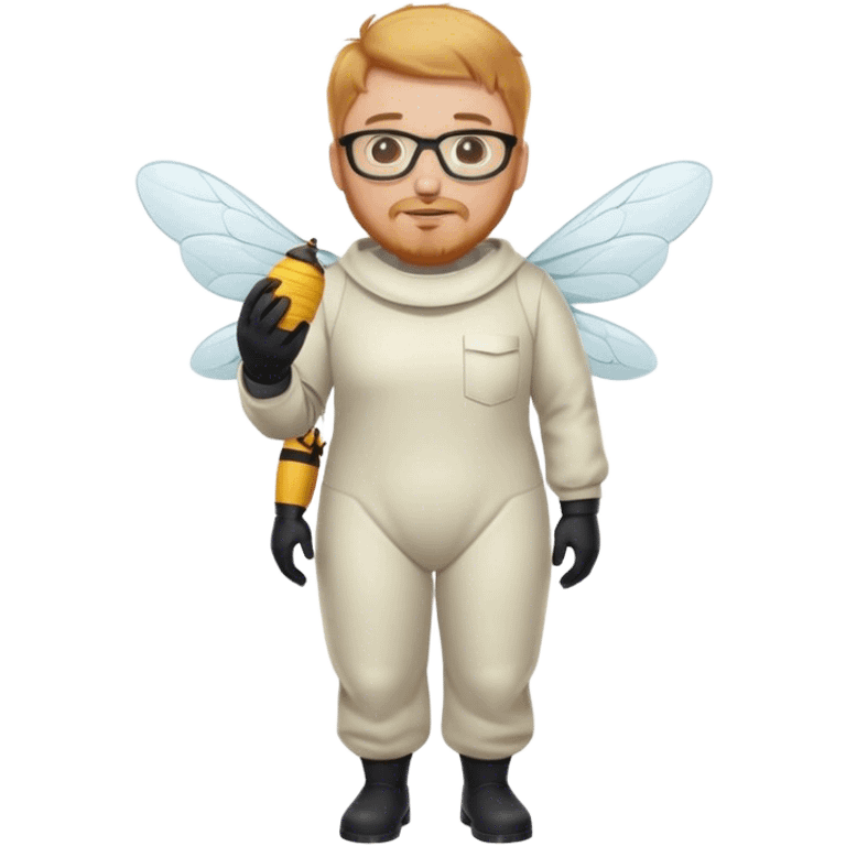 full body medium plus size bee keeper with  short light strawberry blonde hair and goatee wearing glasses  emoji