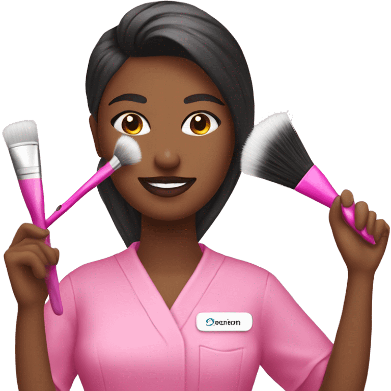 Esthetician wearing pink holding a fan brush emoji