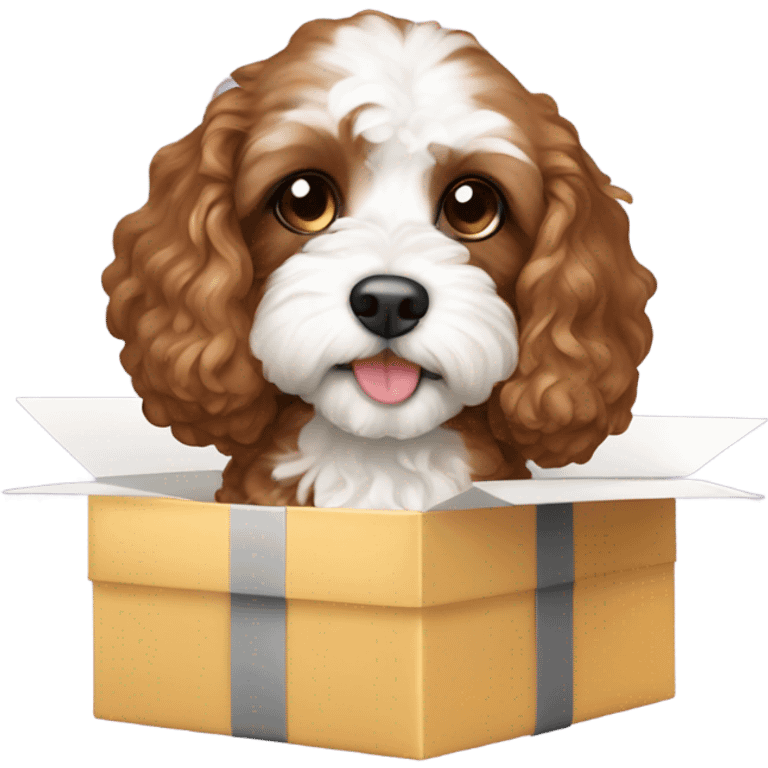 Brown and white cavapoo and gift box emoji