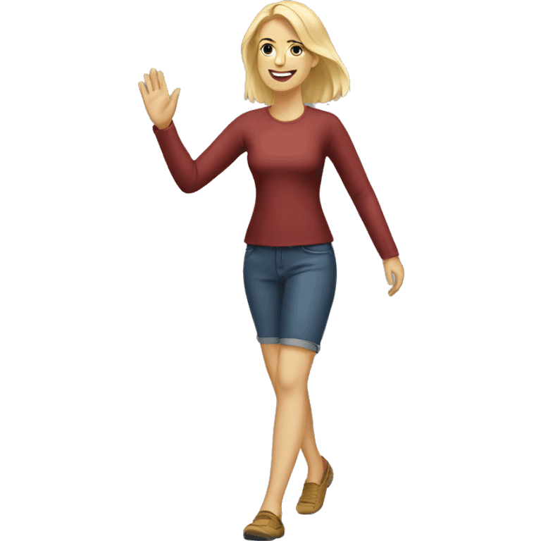 walking, white woman, a blonde, friendly waving emoji