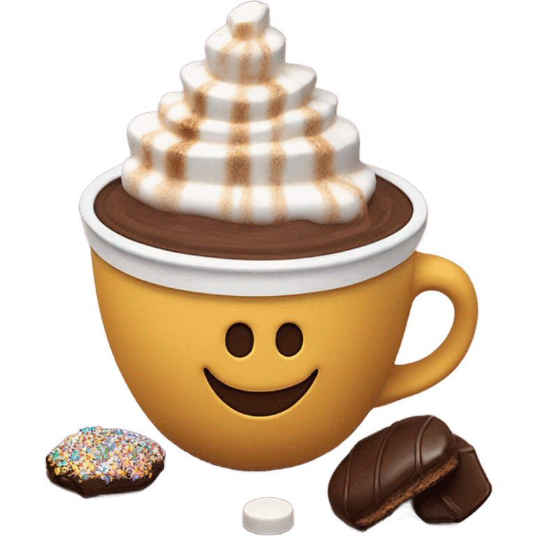 a double chocolate hot chocolate with toasted marshmallow, a chocolate covered s’more, and a chocolate covered marshmallow in a cup that says JoJo’s emoji