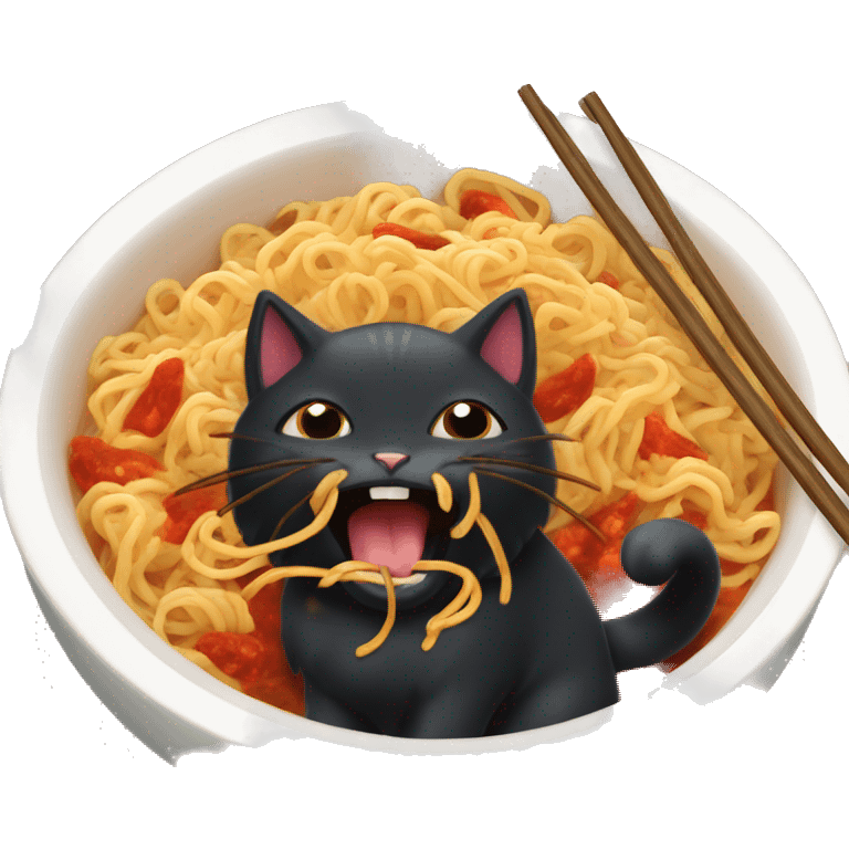 Fluffy black cat eating spicy buldak noodles  emoji