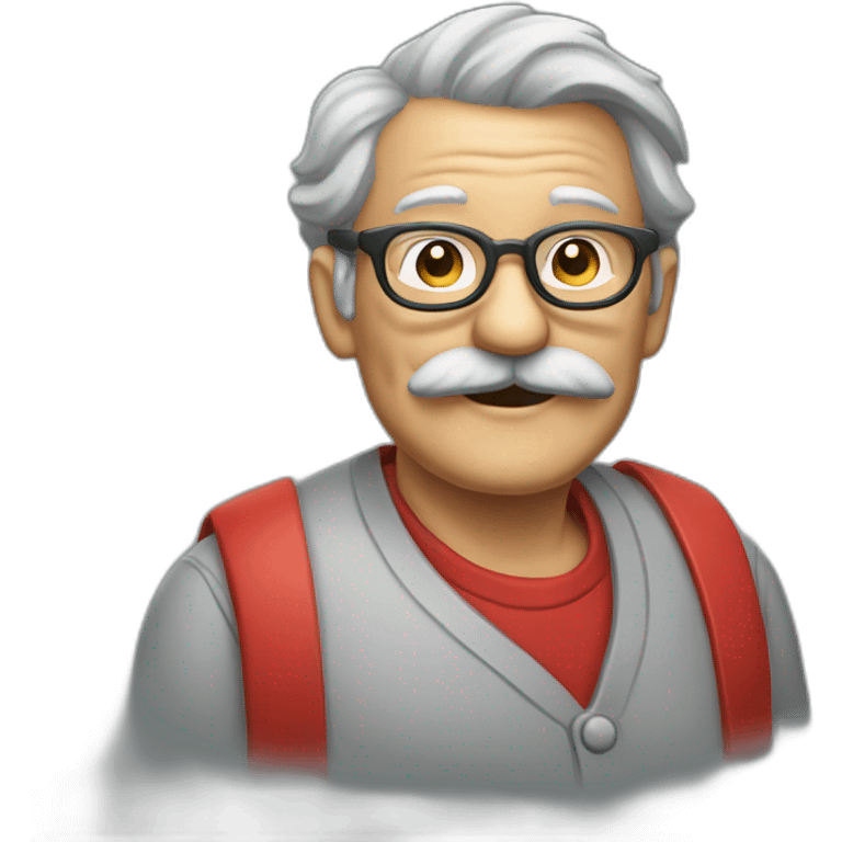 old smiling painter wearing a big gray mustache, thin glasses, a red shirt emoji