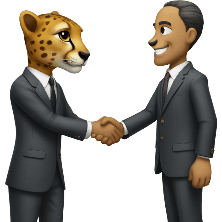 A cheetah in a classic suit shakes hands with a man  emoji