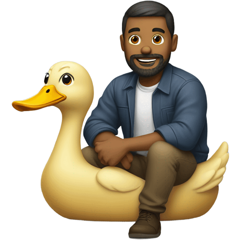 Man with a short beard riding in the back of a giant duck emoji