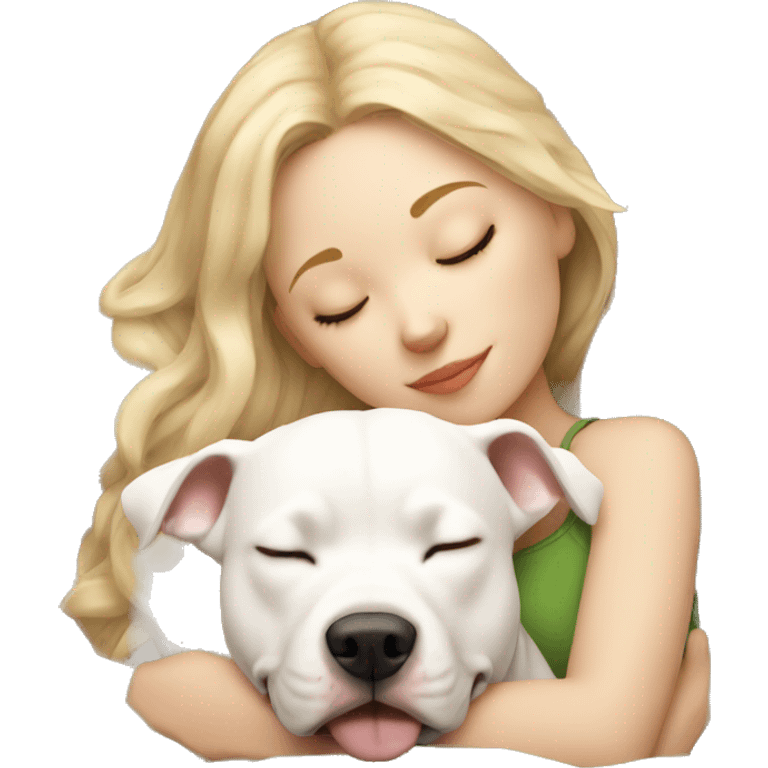 blonde girl sleeping with a white pitbull  emoji