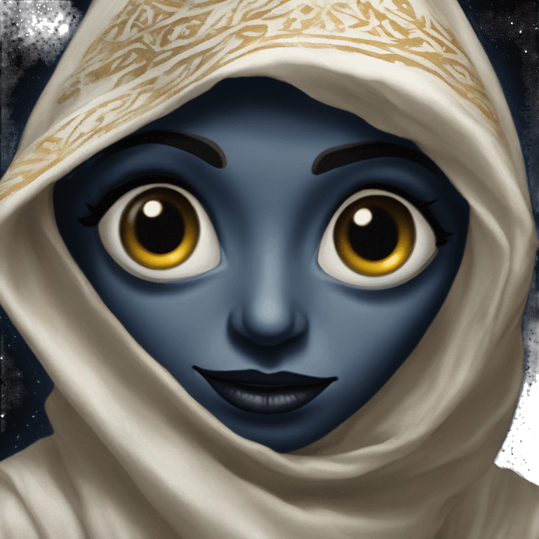 Mysterious ET in Aladdin style, oil paint, black eyes, intricate lips, masterpiece portrait, beautiful, desirable, logical, Arabic emoji