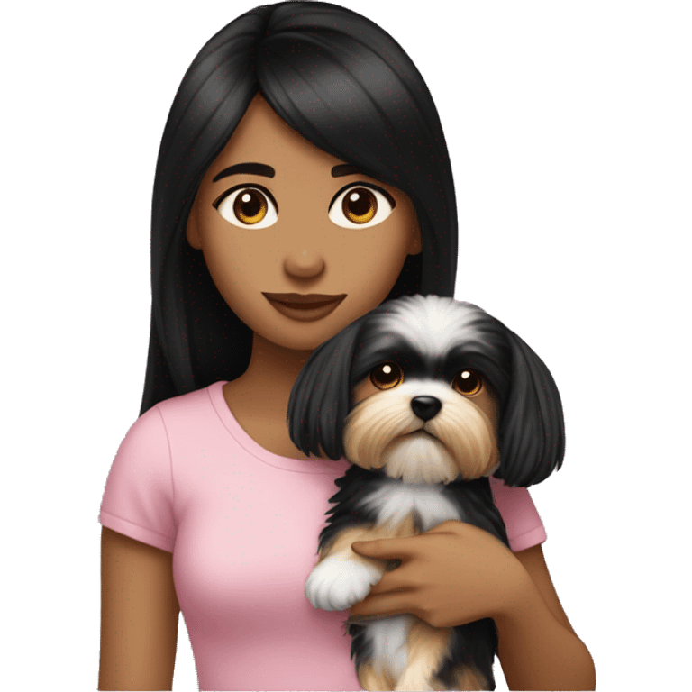 teenage girl with black straight hair holding a fluffy morkie dog like a baby emoji