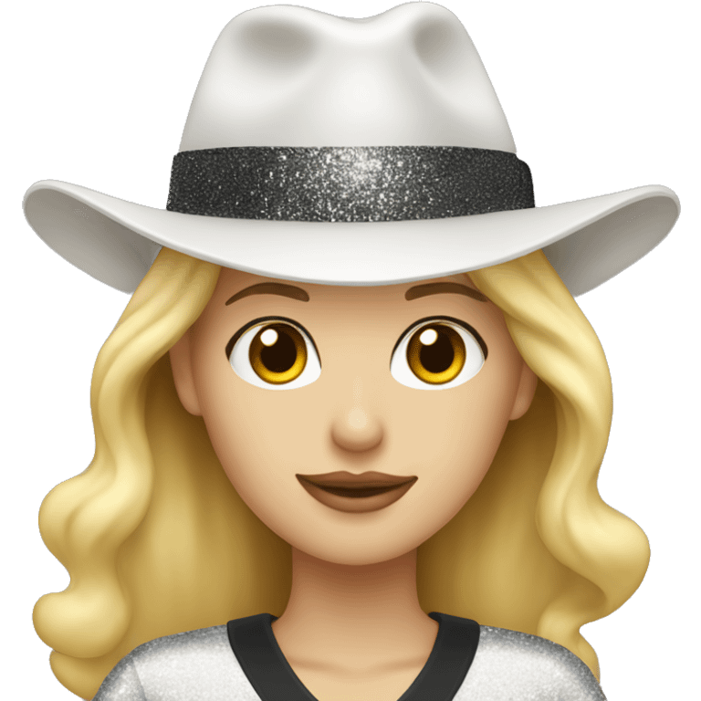 blonde white woman wearing an oversized glitter white tshirt and black fedora emoji