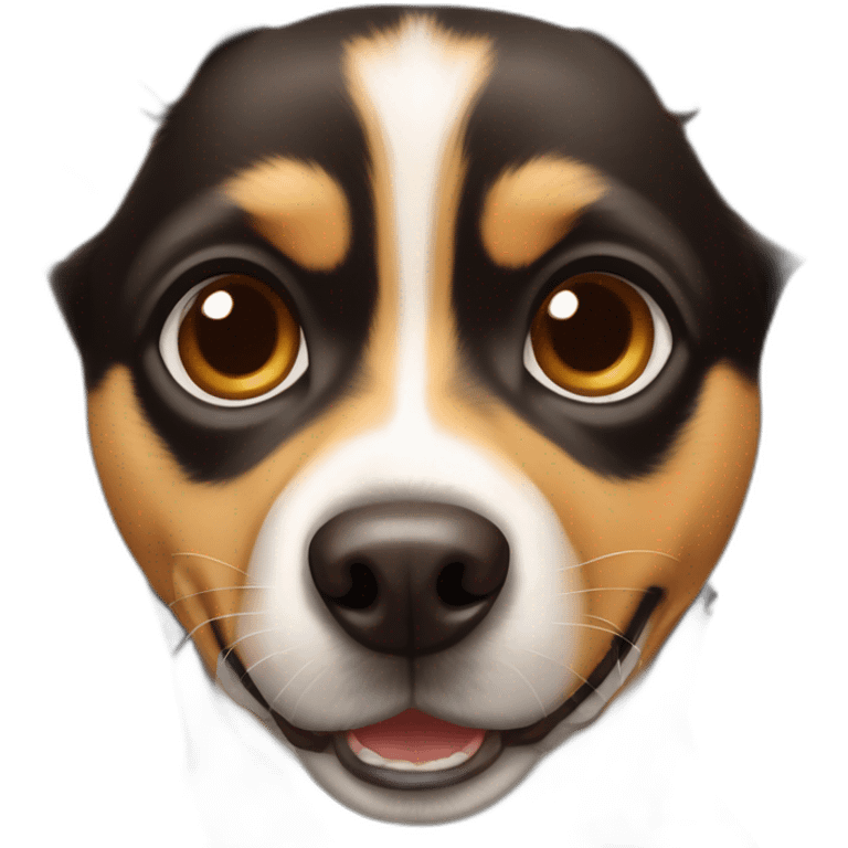 black and brown mutt dog with mostly german shephard head but larger chihuahua eyes and nose with large overbite with left upper sharp canine tooth crooked and sticking out of mouth emoji