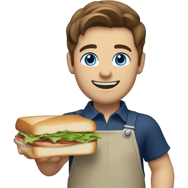 Male with brown hair and blue eyes worker with white shirt and navy apron with khakis and hat holding a sandwhich emoji