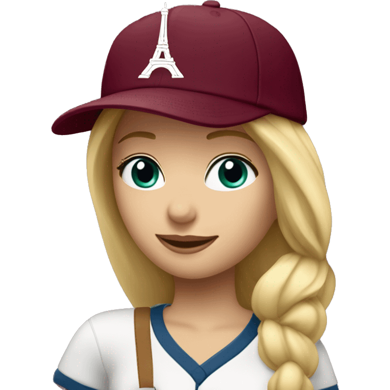 Blonde girl with Eiffel Tower in burgundy baseball hat emoji