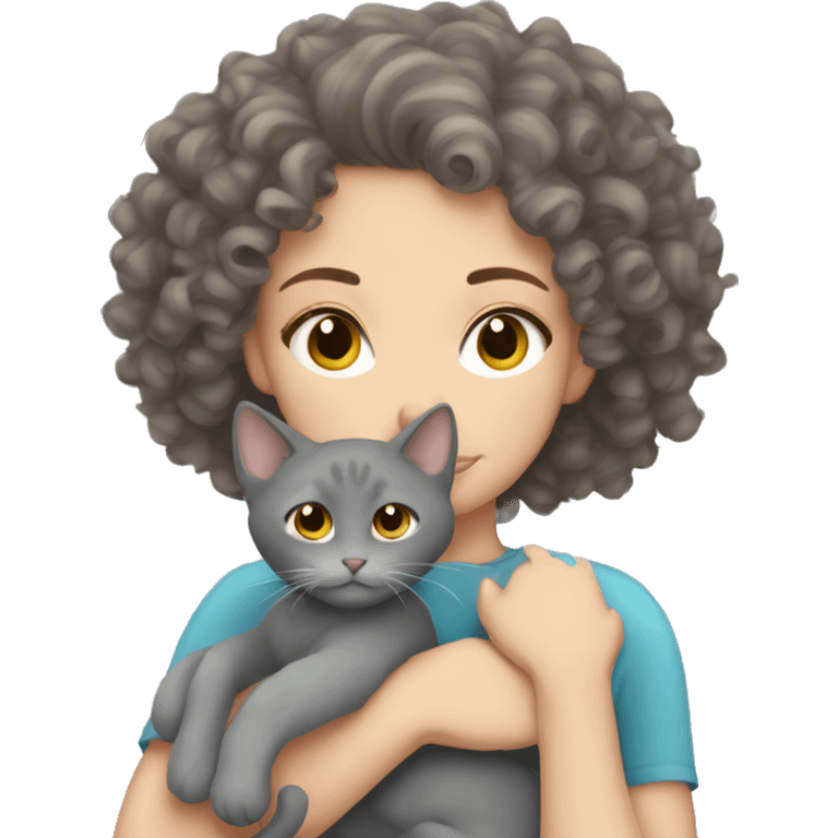 White Girl curly hair cuddling with grey cat emoji