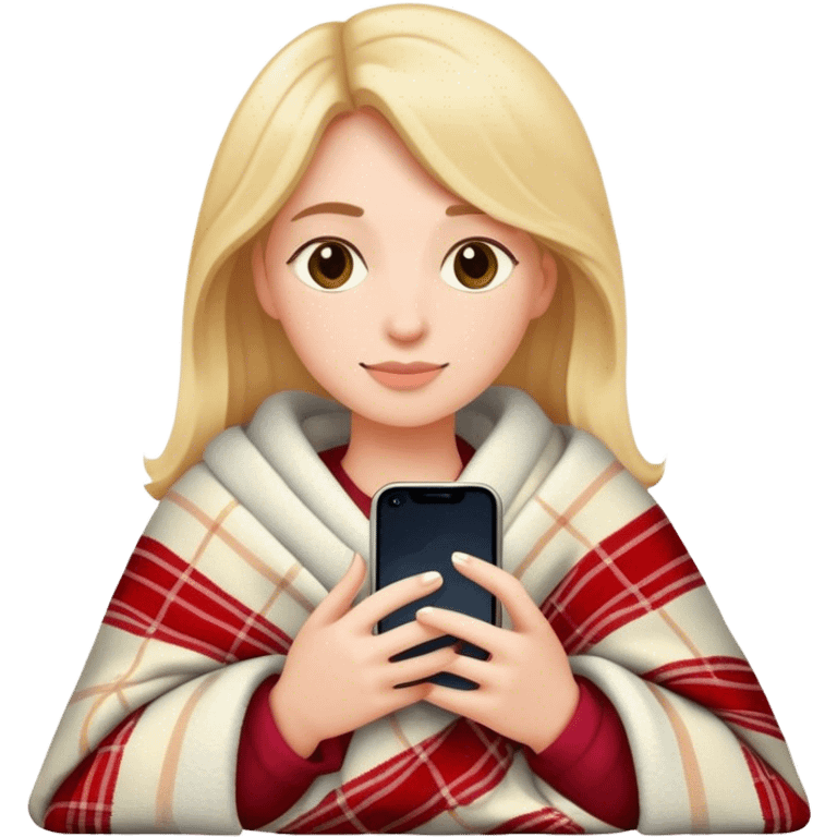 woman in cozy blanket with iPhone, iPhone style emoji emoji