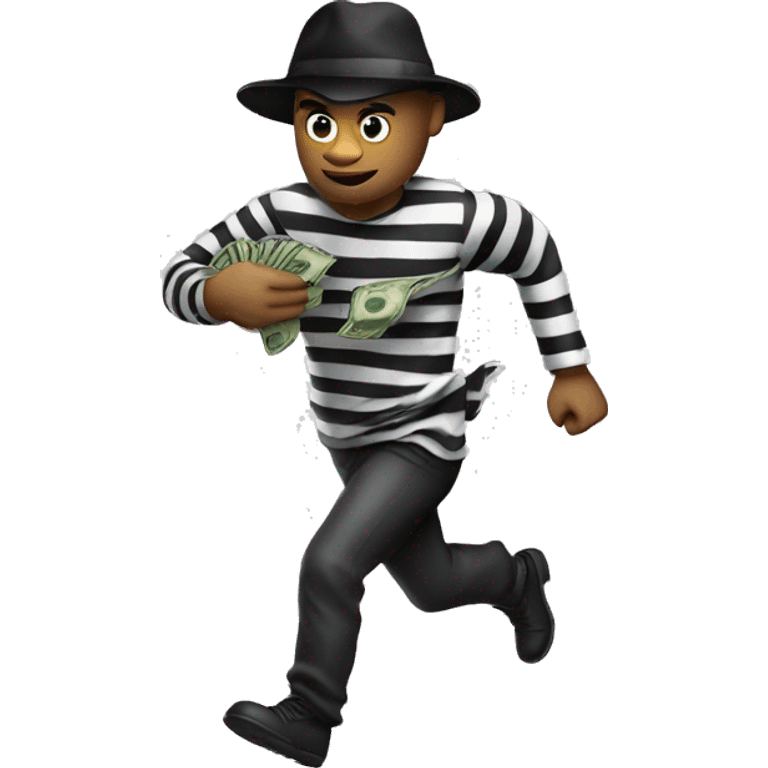 Robber in striped black and white shirt, black hat and bag of money on his back running right emoji