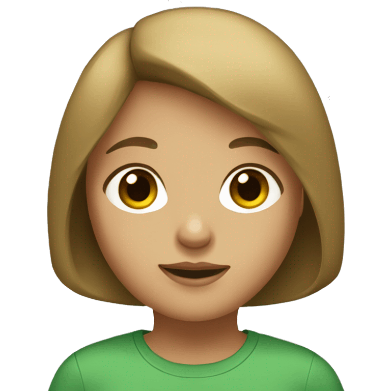 a girl with short bob with white powder under the nose with brown eyes and a green shirt emoji