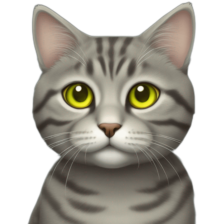 american short hair cat- tabby- a little bit fat- green yellow eyes- the distances between eyes is a little bit far- gray hair- fluffy- looks cute emoji