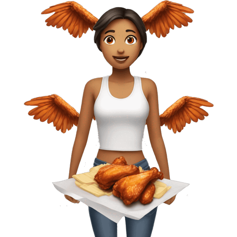 a girl flying with two bbq chicken wings on her back emoji