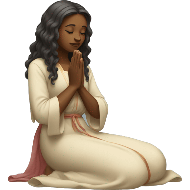 A woman kneeling praying, in a long dress, long hair emoji