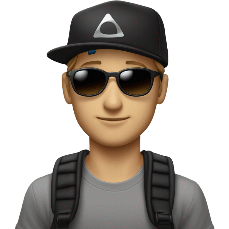 Weißer junge mit schwarzer Cap, weisses tshirt, eine schwarze Sonnenbrille und eine haarschneidemaschine in der Hand hält und lächelt  emoji