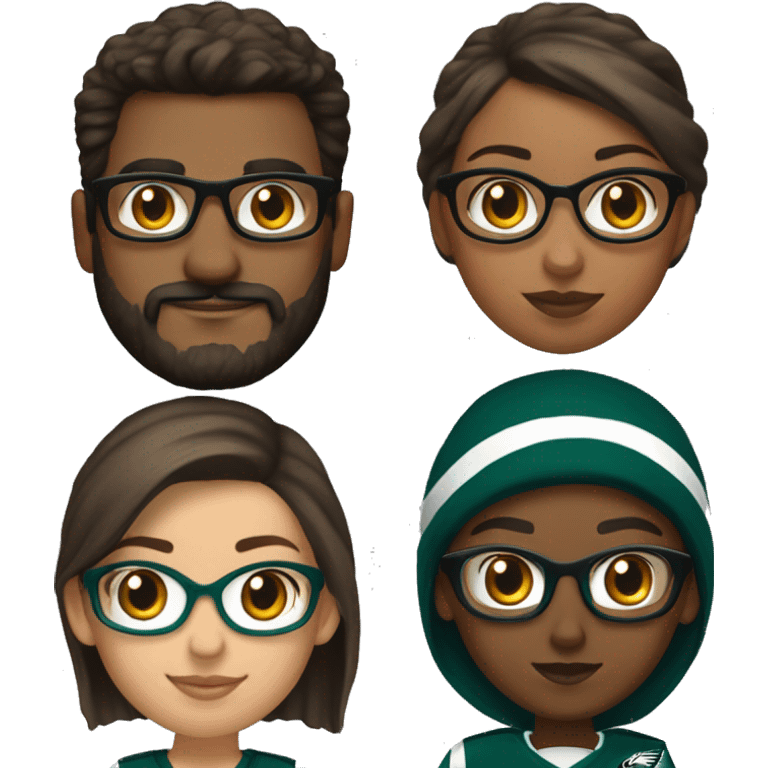 Brown skin couple in Philadelphia Eagles clothing guy has a beard and mustache girl has glasses and her hair in a bun emoji